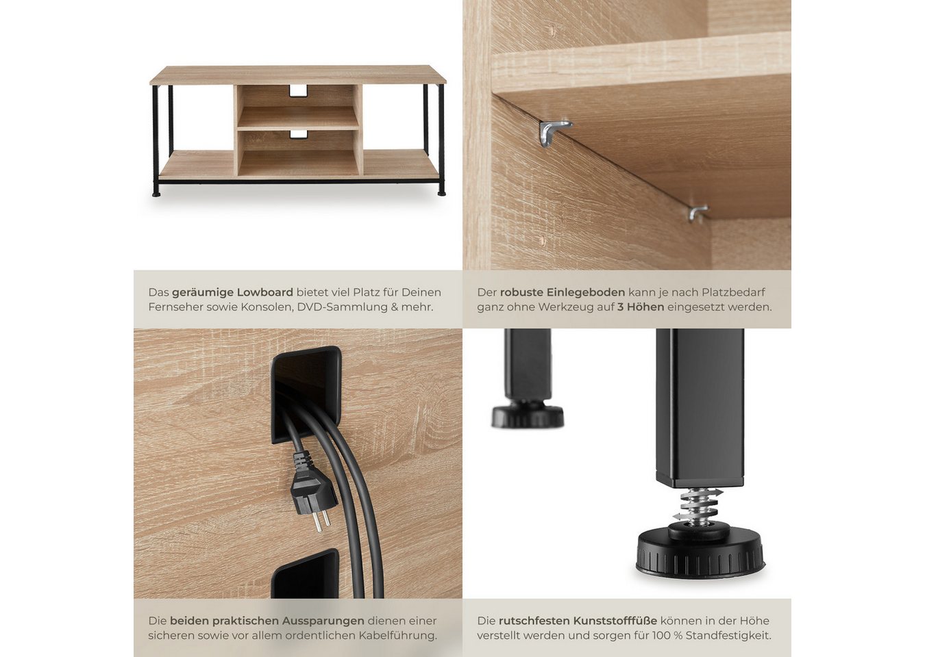 tectake Lowboard TV-Schrank, 120 x 40 x 50,5 cm, höhenverstellbare Kunststofffüße (Fernsehboard Denver, in Industrial Holz hell, Eiche Sonoma), Holz und Stahl,  – Bild 5 von 5