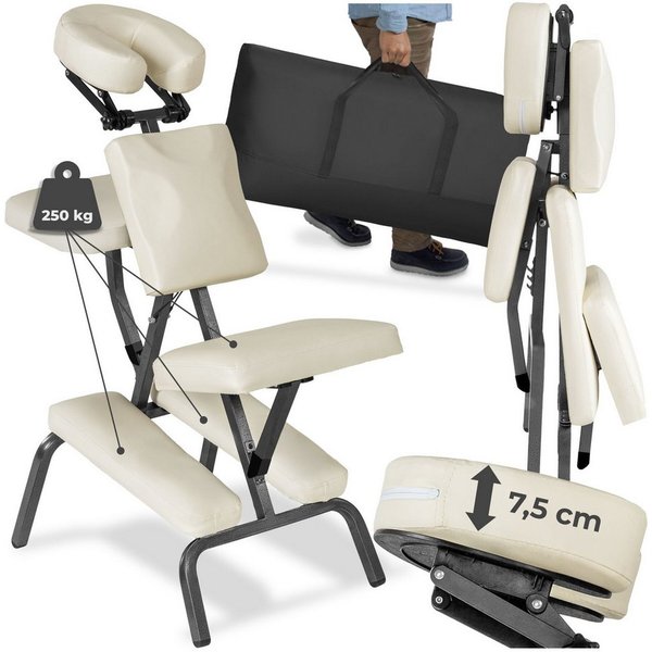 tectake Massagesessel Massagestuhl, klappbar, 80 x 50 x 105 cm, inklusive Tragetasche (Massageliege, in Beige), verstellbare Polster für Kopf, Brust und Arme, g