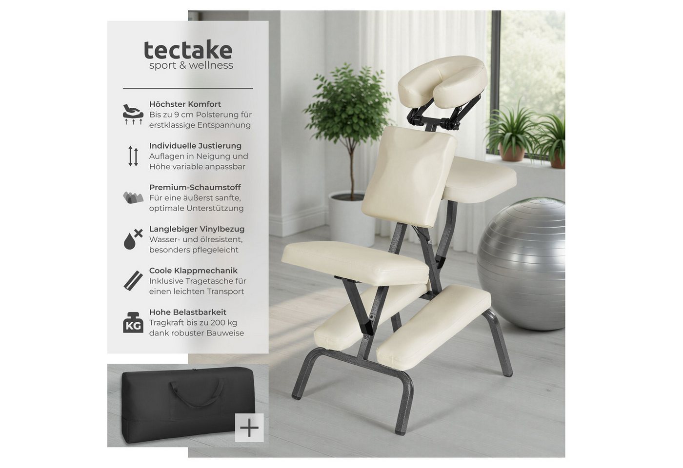 tectake Massagesessel Massagestuhl, klappbar, 80 x 50 x 105 cm, inklusive Tragetasche (Massageliege, in Beige), verstellbare Polster für Kopf, Brust und Arme, g – Bild 2 von 5