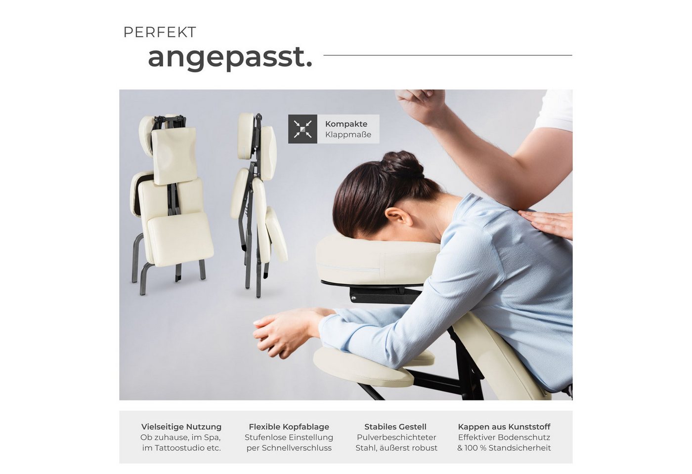 tectake Massagesessel Massagestuhl, klappbar, 80 x 50 x 105 cm, inklusive Tragetasche (Massageliege, in Beige), verstellbare Polster für Kopf, Brust und Arme, g – Bild 3 von 5
