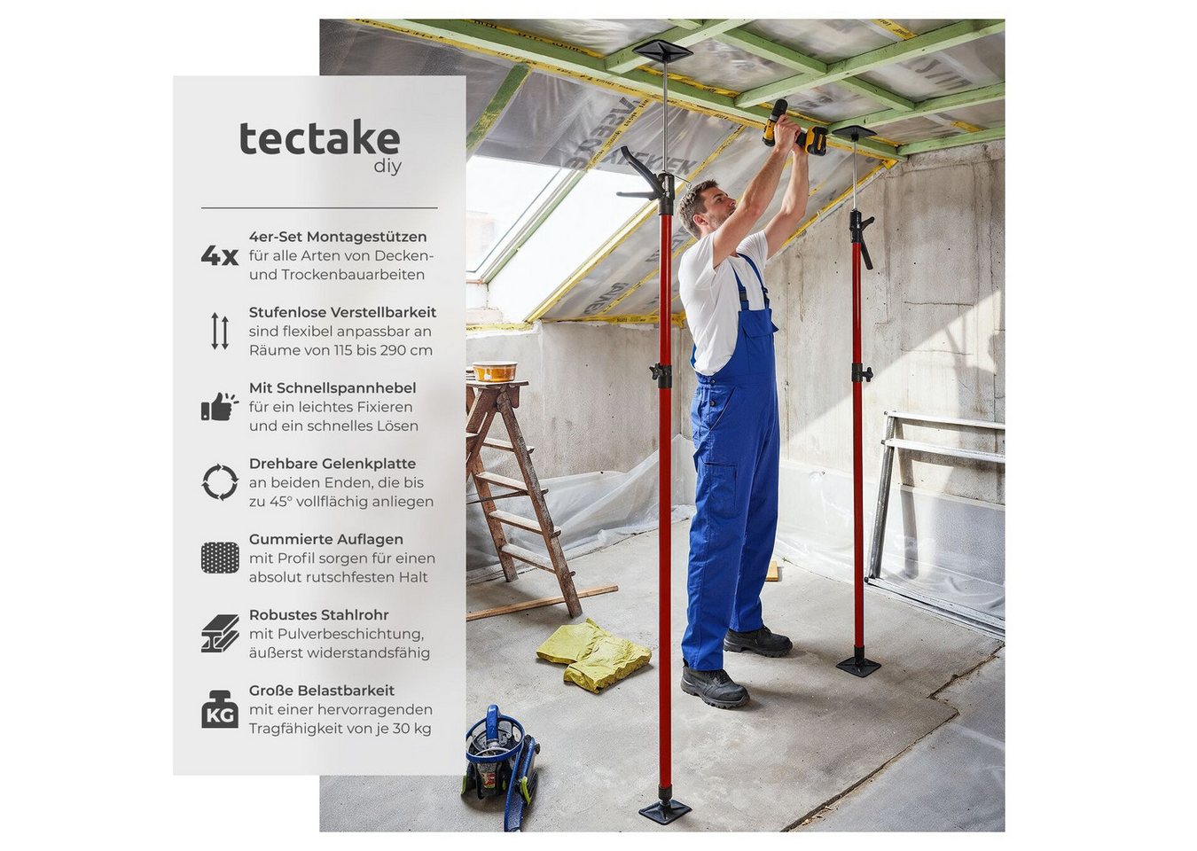 tectake Montageklemme 4er-Set Teleskopstütze, rutschfeste Auflageplatten mit Kugelgelenk, B: 7,00 cm, L: 18,00 cm, (Deckenstütze, in rot), Mit Schnellspannsyste – Bild 2 von 5