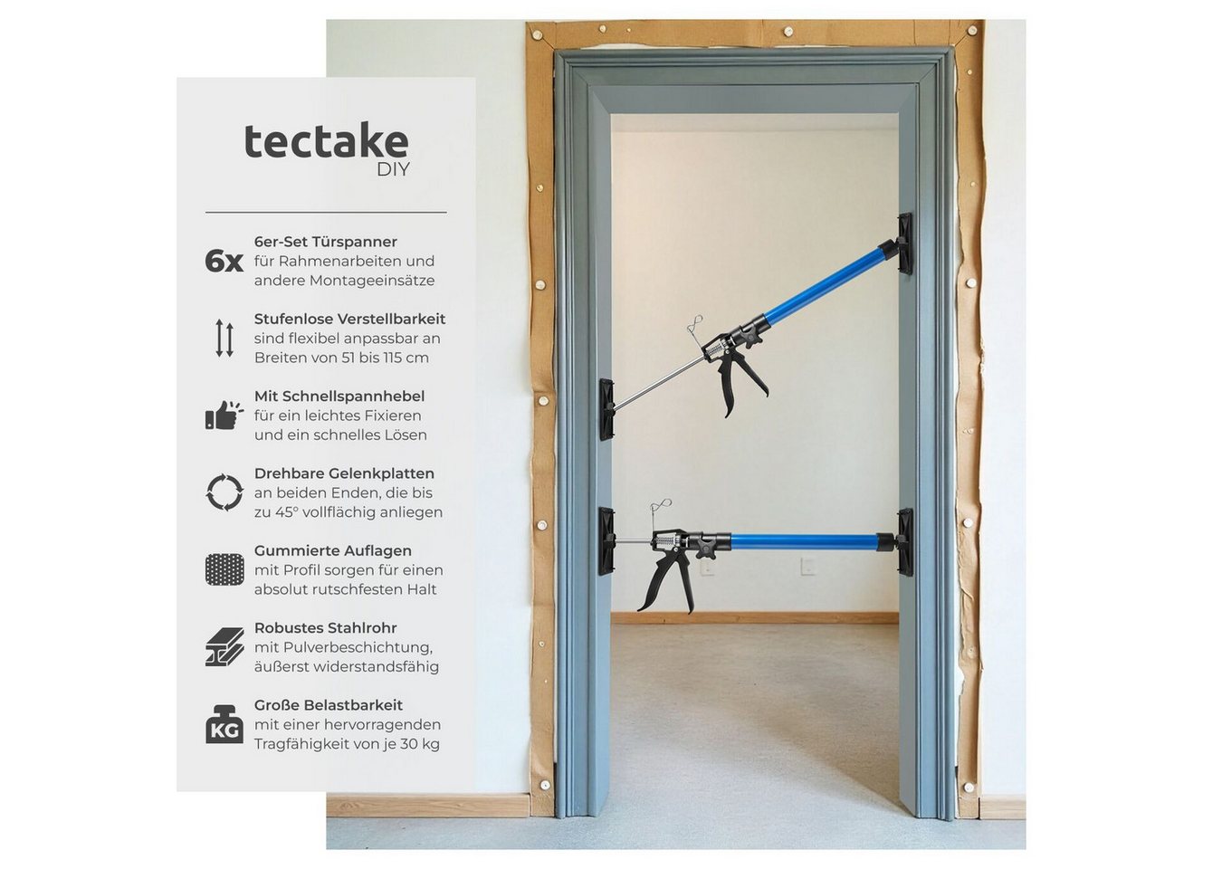 tectake Montagewerkzeug 6er-Set Türspanner, rutschfeste Auflageplatten mit Kugelgelenk, B: 8,00 cm, L: 20,00 cm, (Montagestütze, in blau), Mit Schnellspannsyste – Bild 2 von 5