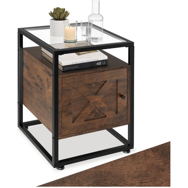 tectake Nachttisch Couchtisch mit Glasplatte, höhenverstellbar, 40 x 43 x 60,5 cm (Beistelltisch Kidderminster, 1-St., in Industrial Holz dunkel, rustikal), Sta