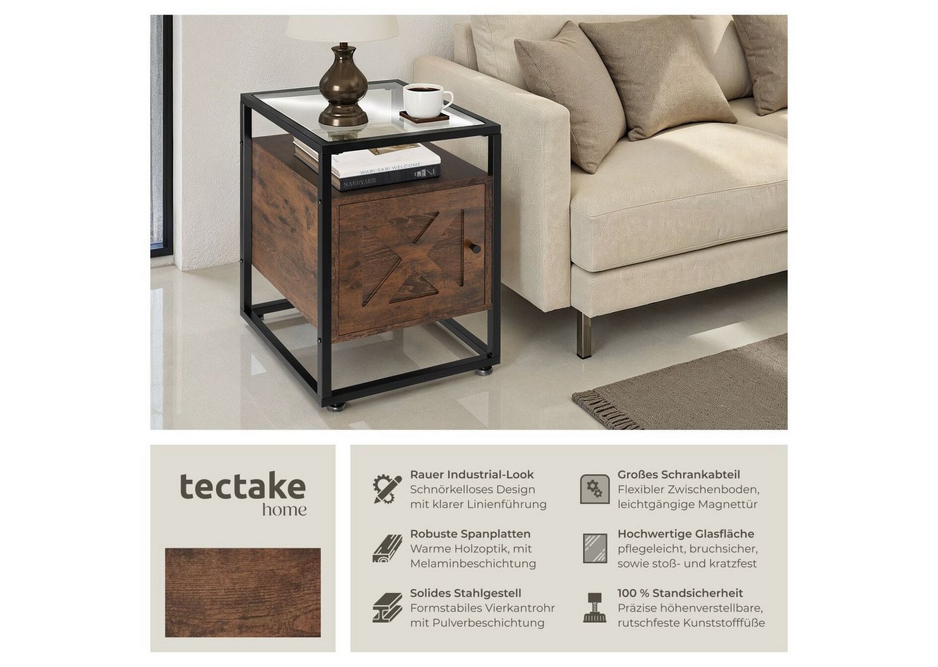 tectake Nachttisch Couchtisch mit Glasplatte, höhenverstellbar, 40 x 43 x 60,5 cm (Beistelltisch Kidderminster, 1-St., in Industrial Holz dunkel, rustikal), Sta – Bild 2 von 5