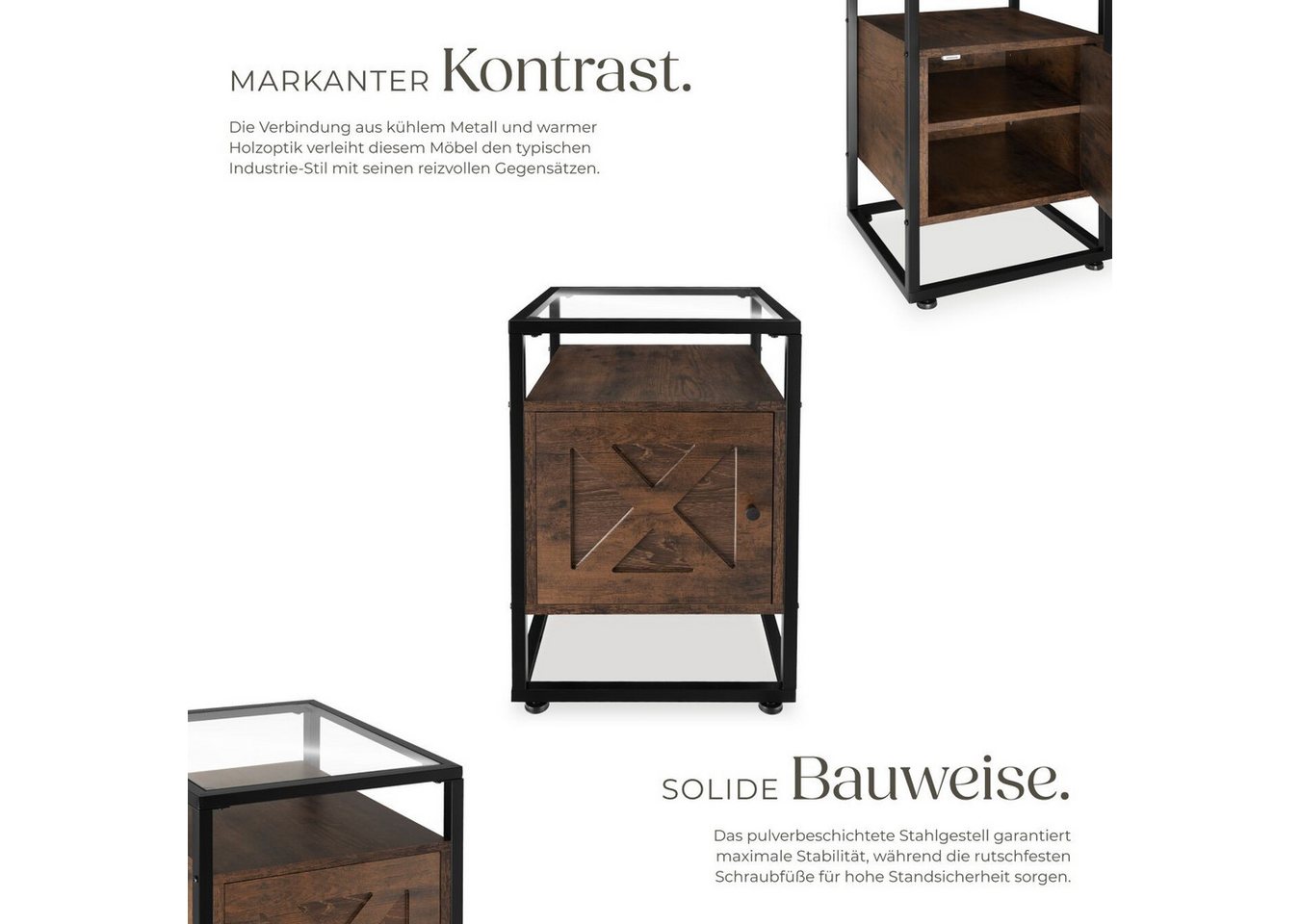 tectake Nachttisch Couchtisch mit Glasplatte, höhenverstellbar, 40 x 43 x 60,5 cm (Beistelltisch Kidderminster, 1-St., in Industrial Holz dunkel, rustikal), Sta – Bild 3 von 5