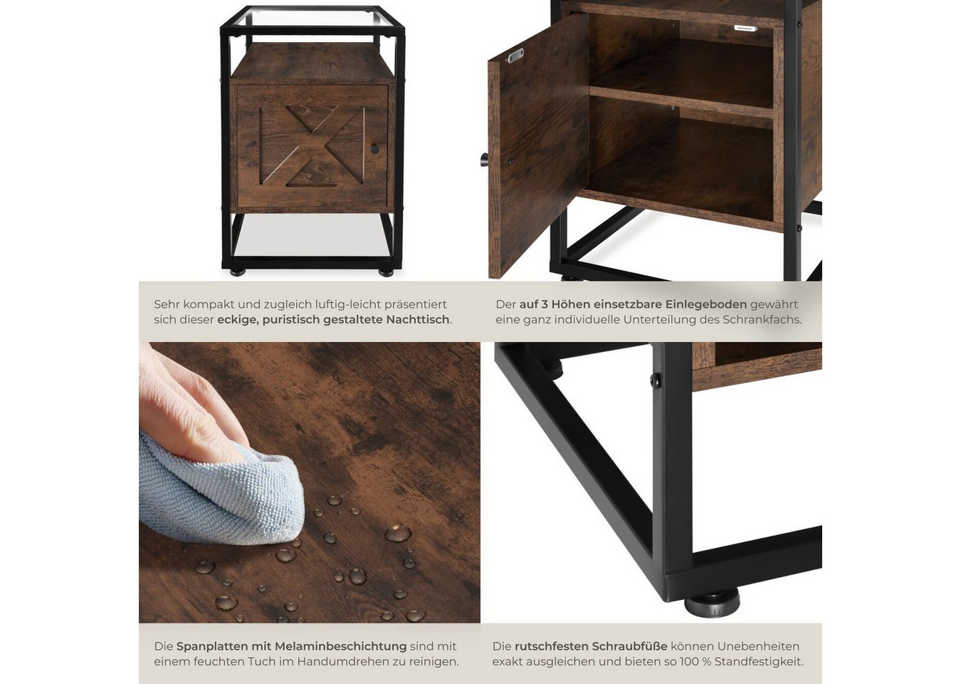 tectake Nachttisch Couchtisch mit Glasplatte, höhenverstellbar, 40 x 43 x 60,5 cm (Beistelltisch Kidderminster, 1-St., in Industrial Holz dunkel, rustikal), Sta – Bild 4 von 5