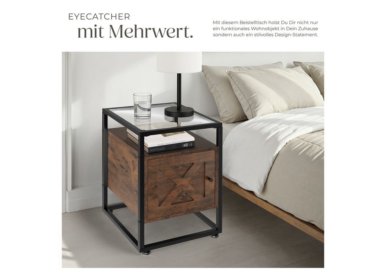 tectake Nachttisch Couchtisch mit Glasplatte, höhenverstellbar, 40 x 43 x 60,5 cm (Beistelltisch Kidderminster, 1-St., in Industrial Holz dunkel, rustikal), Sta – Bild 5 von 5
