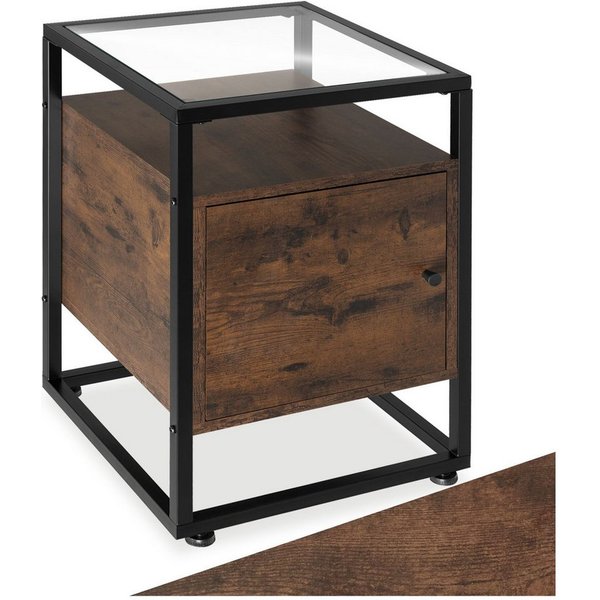 tectake Nachttisch Couchtisch mit Glasplatte, höhenverstellbar, 40 x 43 x 60,5 cm (Beistelltisch Dudley, 1-St., in Industrial Holz dunkel, rustikal), Staufach m