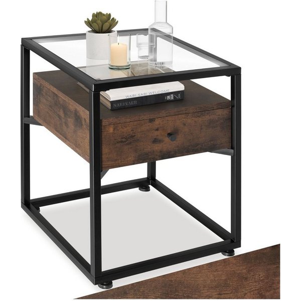 tectake Nachttisch Couchtisch mit Glasplatte und Schublade, 43 x 45 x 54,5 cm (Beistelltisch Preston, 1-St., in Industrial Holz dunkel, rustikal), mit höhenvers