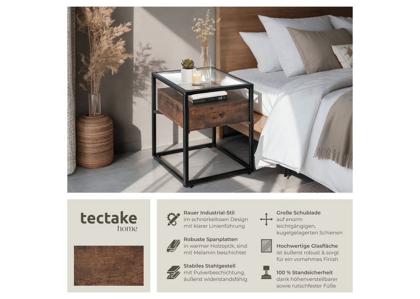 tectake Nachttisch Couchtisch mit Glasplatte und Schublade, 43 x 45 x 54,5 cm (Beistelltisch Preston, 1-St., in Industrial Holz dunkel, rustikal), mit höhenvers – Bild 2 von 5