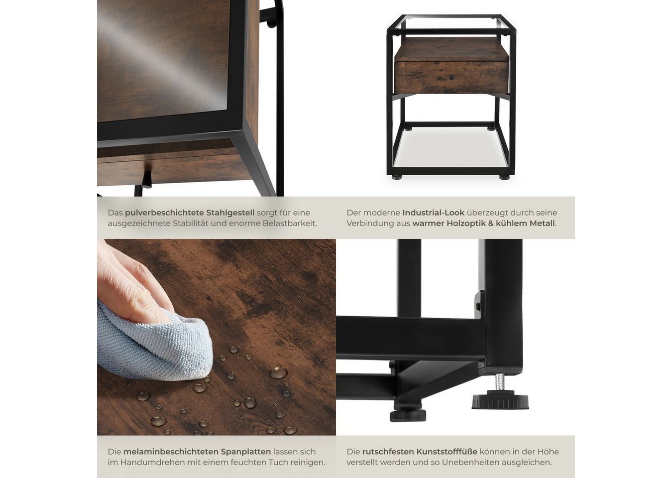 tectake Nachttisch Couchtisch mit Glasplatte und Schublade, 43 x 45 x 54,5 cm (Beistelltisch Preston, 1-St., in Industrial Holz dunkel, rustikal), mit höhenvers – Bild 4 von 5