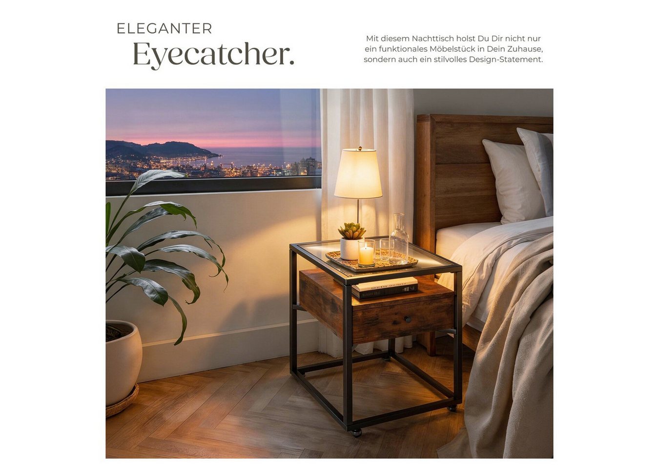 tectake Nachttisch Couchtisch mit Glasplatte und Schublade, 43 x 45 x 54,5 cm (Beistelltisch Preston, 1-St., in Industrial Holz dunkel, rustikal), mit höhenvers – Bild 5 von 5