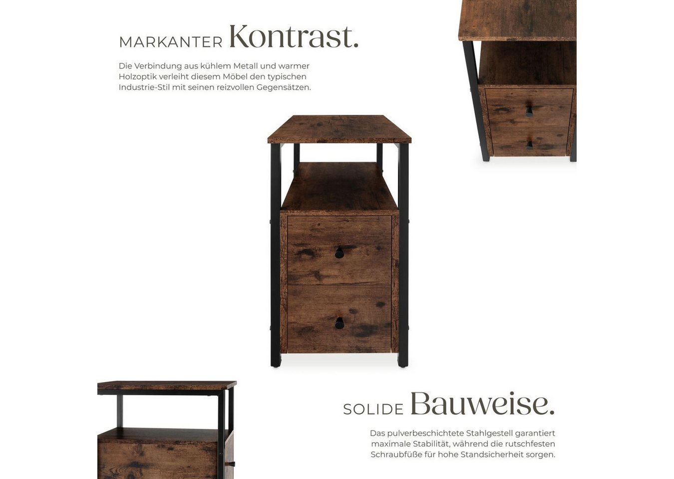 tectake Nachttisch Couchtisch mit höhenverstellbaren Kunststofffüßen, 30 x 49,5 x 61,5 (Beistelltisch Tullamore, 1-St., in Industrial Holz dunkel, rustikal), 2  – Bild 3 von 5
