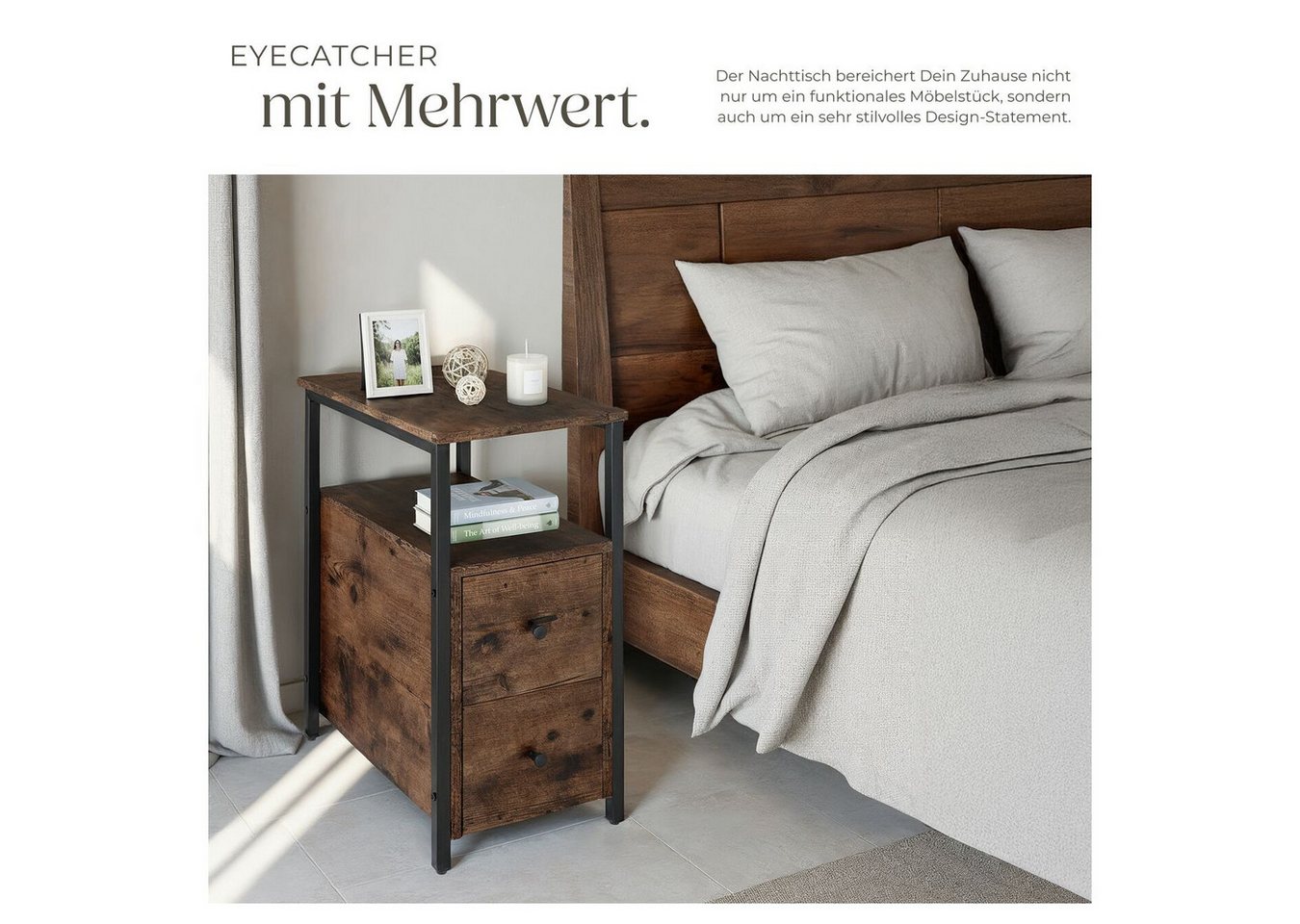 tectake Nachttisch Couchtisch mit höhenverstellbaren Kunststofffüßen, 30 x 49,5 x 61,5 (Beistelltisch Tullamore, 1-St., in Industrial Holz dunkel, rustikal), 2  – Bild 5 von 5