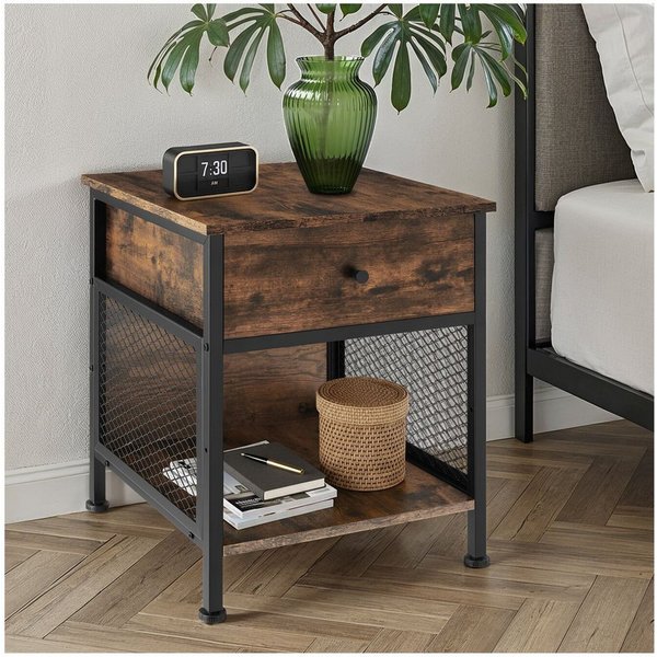 tectake Nachttisch Couchtisch mit höhenverstellbaren Kunststofffüßen, 45 x 46 x 55,5 cm (Beistelltisch Killarney, 1-St., in Industrial Holz dunkel, rustikal), A