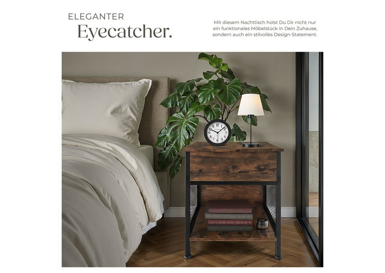 tectake Nachttisch Couchtisch mit höhenverstellbaren Kunststofffüßen, 45 x 46 x 55,5 cm (Beistelltisch Killarney, 1-St., in Industrial Holz dunkel, rustikal), A – Bild 5 von 5