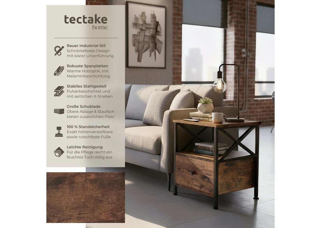 tectake Nachttisch Couchtisch mit höhenverstellbaren Kunststofffüßen, 40 x 41,5 x 55,5 (Beistelltisch Falkirk, 1-St., in Industrial Holz dunkel, rustikal), 2 Ab – Bild 2 von 5