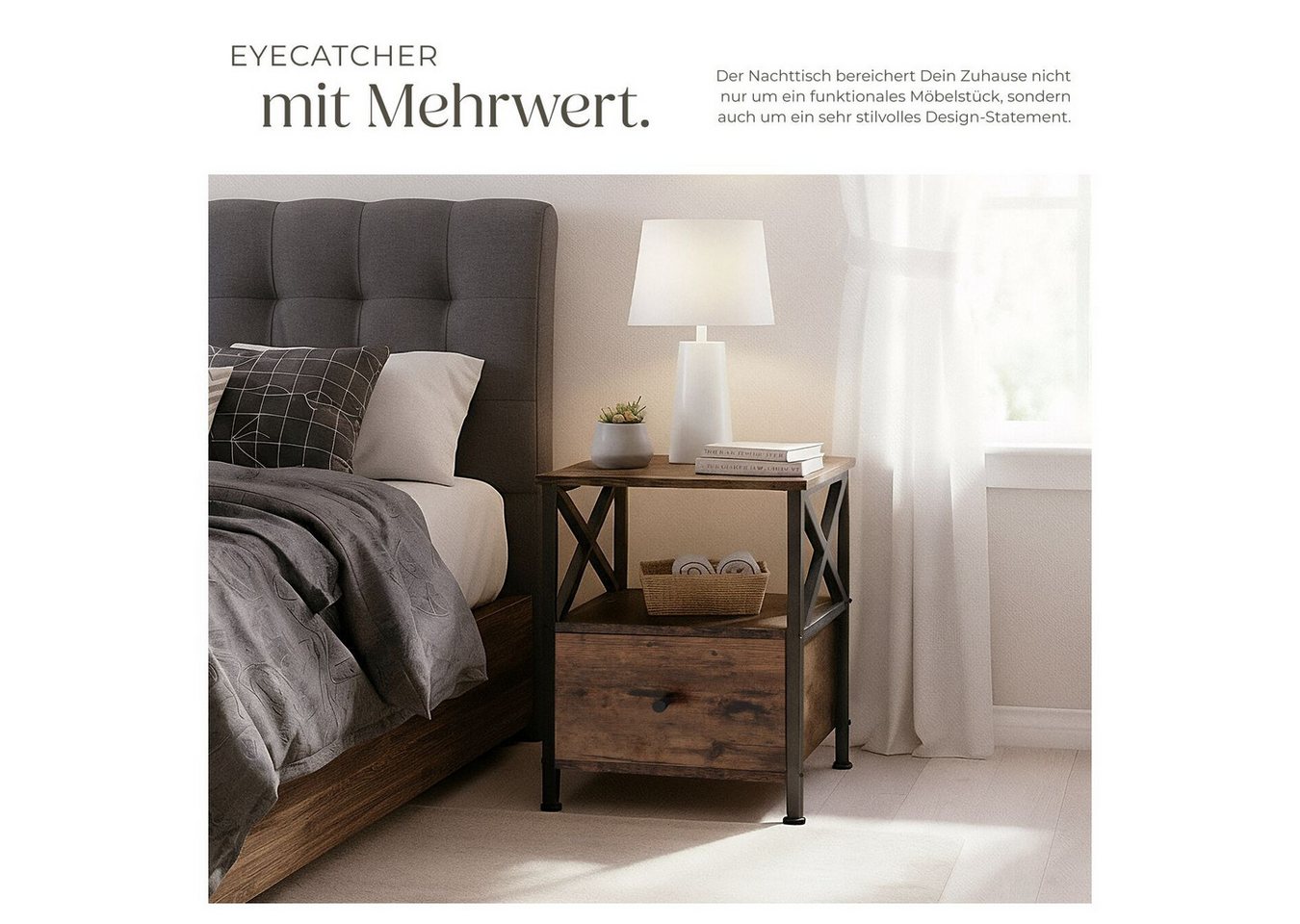 tectake Nachttisch Couchtisch mit höhenverstellbaren Kunststofffüßen, 40 x 41,5 x 55,5 (Beistelltisch Falkirk, 1-St., in Industrial Holz dunkel, rustikal), 2 Ab – Bild 5 von 5