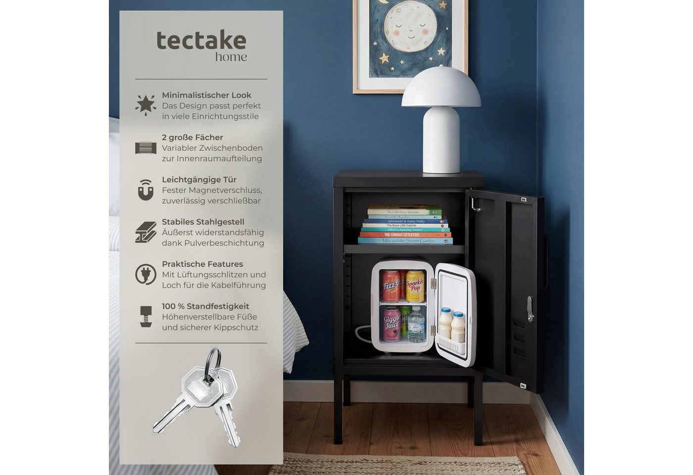 tectake Nachttisch Schmaler Nachtschrank mit Magnetverschluss und verstellbarem Boden (Nachtschrank Baker, 1-St., in Schwarz), Pulverbeschichteter Stahl und Kab – Bild 2 von 5
