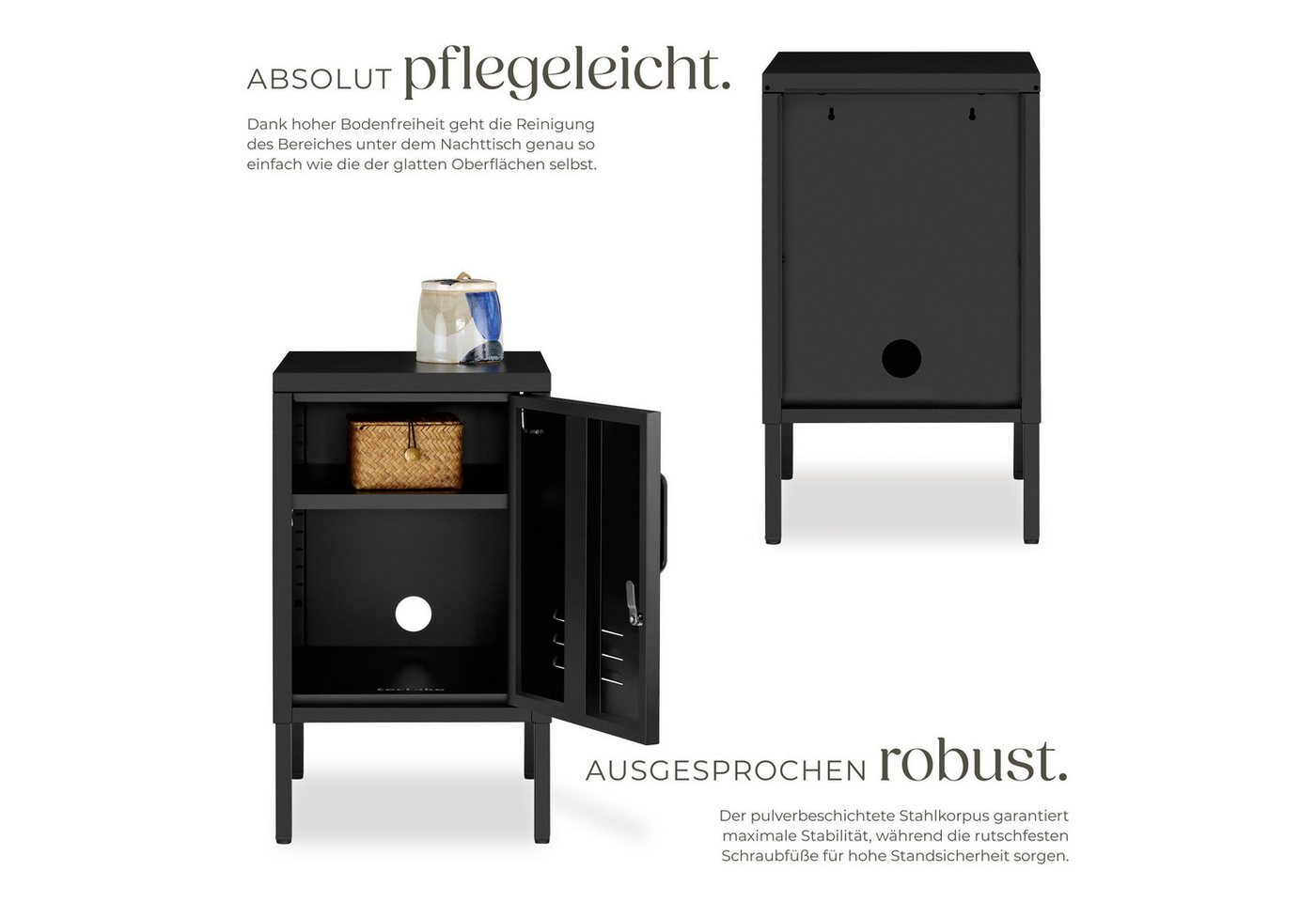 tectake Nachttisch Schmaler Nachtschrank mit Magnetverschluss und verstellbarem Boden (Nachtschrank Baker, 1-St., in Schwarz), Pulverbeschichteter Stahl und Kab – Bild 3 von 5