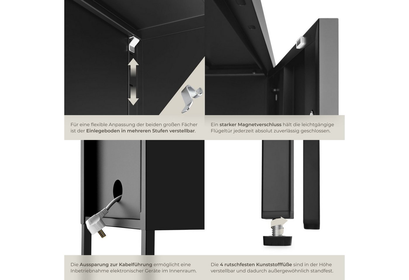 tectake Nachttisch Schmaler Nachtschrank mit Magnetverschluss und verstellbarem Boden (Nachtschrank Baker, 1-St., in Schwarz), Pulverbeschichteter Stahl und Kab – Bild 5 von 5