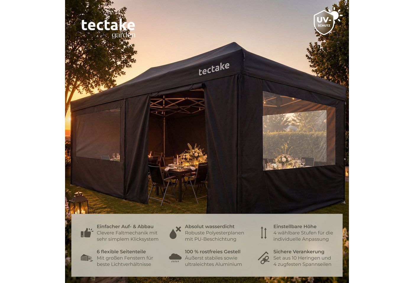tectake Pavillon Aluminium Faltpavillon, 6 x 3 m, wasserdicht, mit Tragetasche, mit 6 Seitenteilen, (Partyzelt Viola, in schwarz), 6 Seitenteile, mit Reißversch – Bild 2 von 5