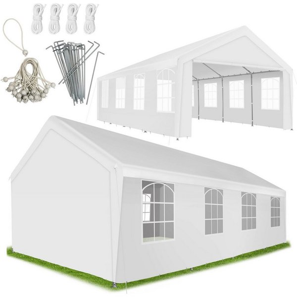 tectake Pavillon Eventzelt 4 x 8 m wasserdicht mit UV-Schutz und abnehmbaren, mit 4 Seitenteilen, (Gartenpavillon Mammut, in Weiß), Stahlgestell mit Spannseilen