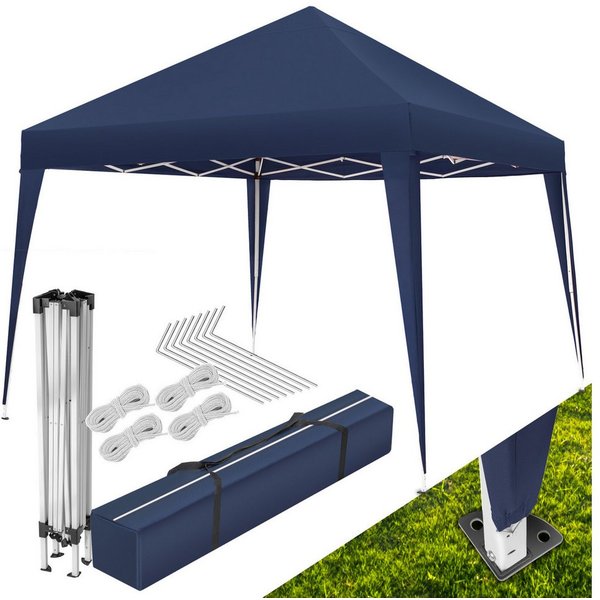 tectake Pavillon Rattan Faltpavillon, inklusive Spannseile, Heringe und Tragetasche, mit 0 Seitenteilen, (Partyzelt Linosa, in blau), 3 x 3 m, faltbar und wasse