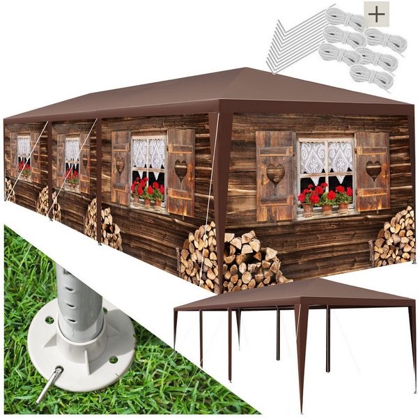 tectake Pavillon Rattan Gartenzelt in 2 Größen, inklusive Spannseilen und Heringen, mit 8 Seitenteilen, (Partyzelt Almchalet, in braun), im Steckystem, abnehmba