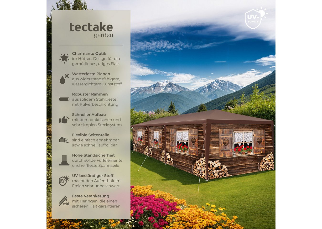 tectake Pavillon Rattan Gartenzelt in 2 Größen, inklusive Spannseilen und Heringen, mit 8 Seitenteilen, (Partyzelt Almchalet, in braun), im Steckystem, abnehmba – Bild 2 von 5