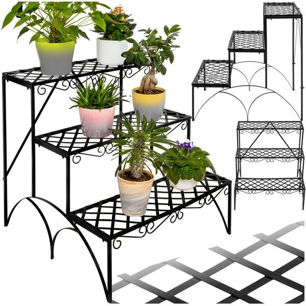 tectake Pflanztisch Blumentreppe, 60 x 60 x 60 cm, 3 Stufen, geschwungene Verzierungen (Blumenregal Michelle, 1-St., in schwarz), Blumentreppe mit 3 Stufen im e