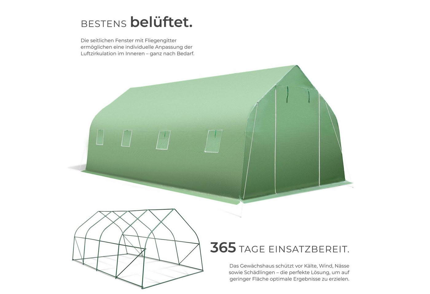tectake Pflanztunnel Foliengewächshaus, Maße 600 x 300 x 205 cm, 27 m³, mit Zeltform, Frühbeet, in grün, 8 Fenster, UV-beständig, Reißverschluss, inkl. Spannsei – Bild 3 von 5