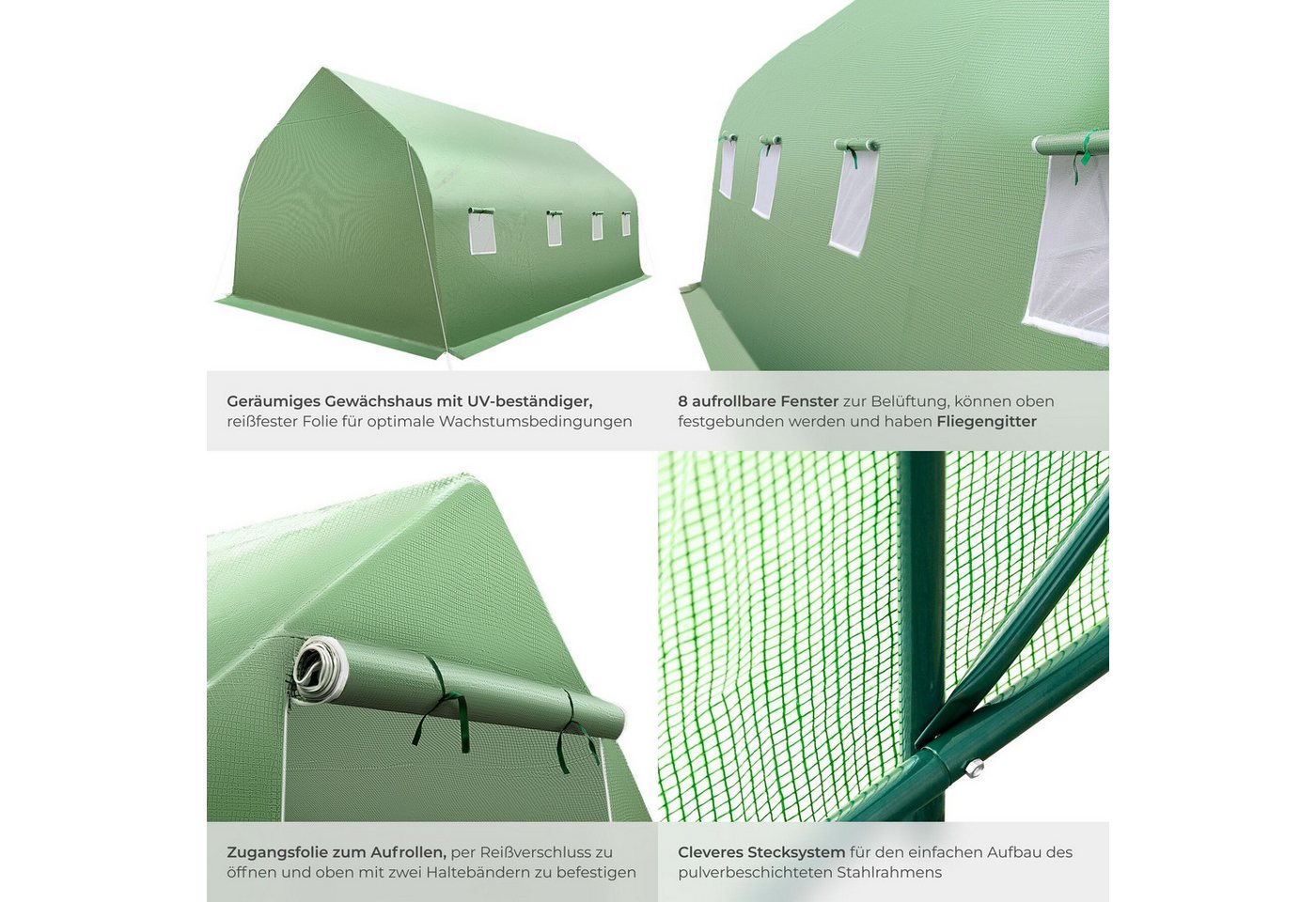 tectake Pflanztunnel Foliengewächshaus, Maße 600 x 300 x 205 cm, 27 m³, mit Zeltform, Frühbeet, in grün, 8 Fenster, UV-beständig, Reißverschluss, inkl. Spannsei – Bild 5 von 5