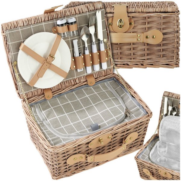 tectake Picknickkorb Picknickbox für 2, 38x27x19 cm, Kühlfach, Weidengeflecht, Tragegriff (Picknickkoffer Langeoog, in braun), 10-tlg. Geschirrset, Kellnermesse