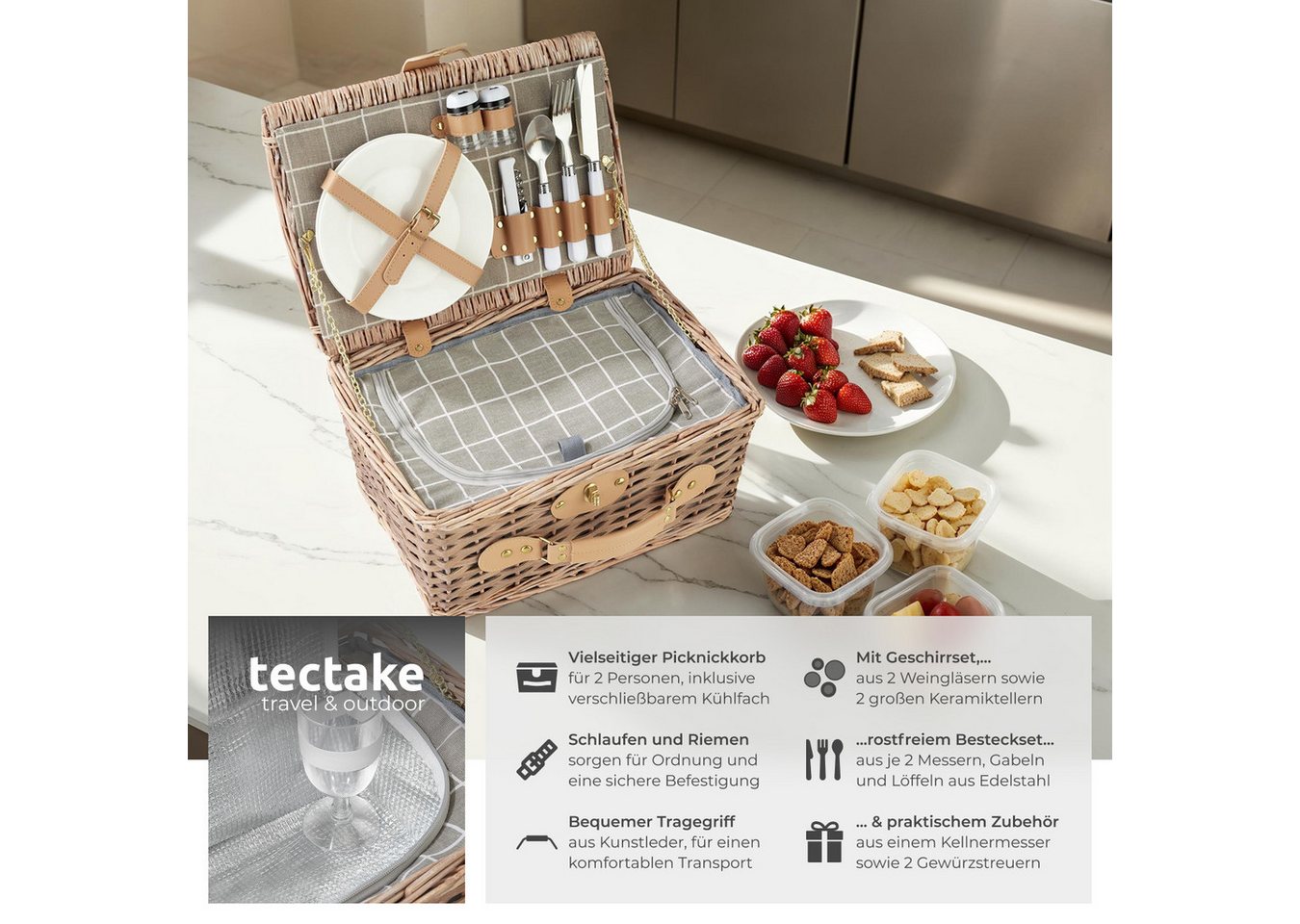 tectake Picknickkorb Picknickbox für 2, 38x27x19 cm, Kühlfach, Weidengeflecht, Tragegriff (Picknickkoffer Langeoog, in braun), 10-tlg. Geschirrset, Kellnermesse – Bild 2 von 5