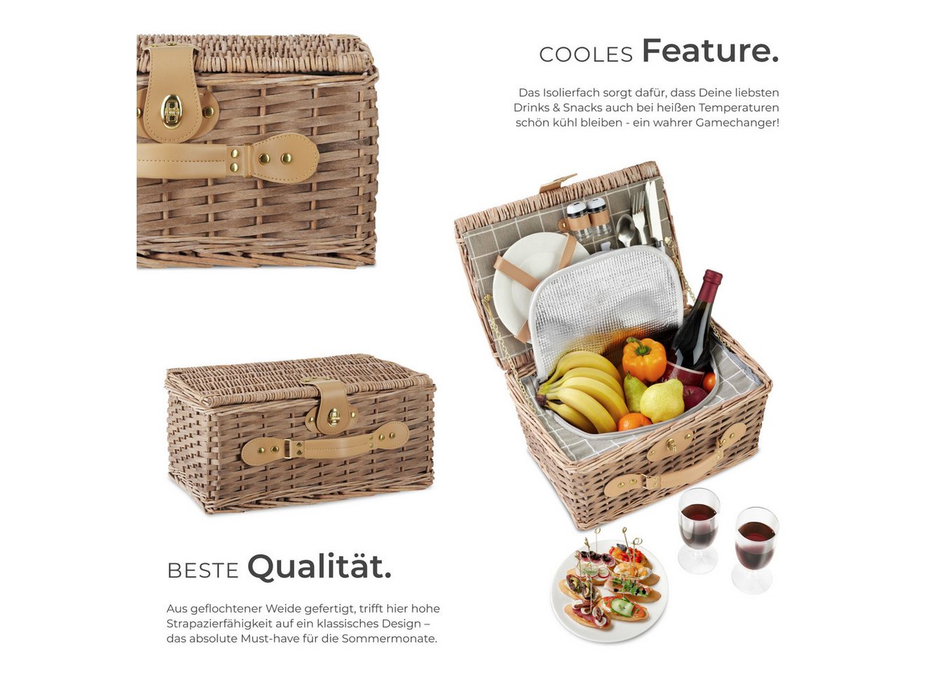 tectake Picknickkorb Picknickbox für 2, 38x27x19 cm, Kühlfach, Weidengeflecht, Tragegriff (Picknickkoffer Langeoog, in braun), 10-tlg. Geschirrset, Kellnermesse – Bild 3 von 5