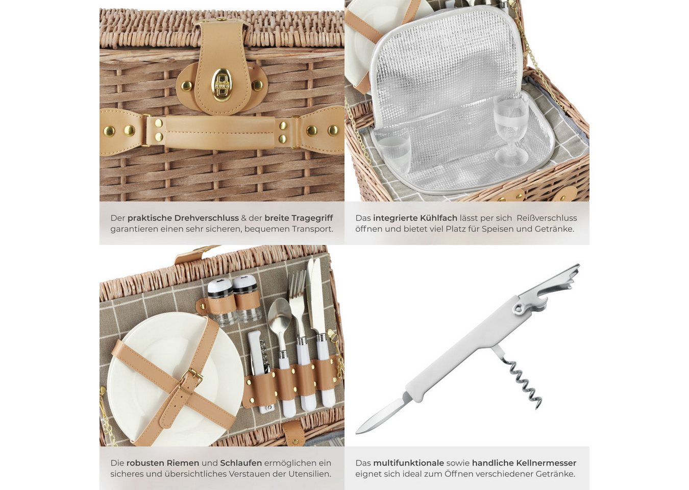 tectake Picknickkorb Picknickbox für 2, 38x27x19 cm, Kühlfach, Weidengeflecht, Tragegriff (Picknickkoffer Langeoog, in braun), 10-tlg. Geschirrset, Kellnermesse – Bild 5 von 5