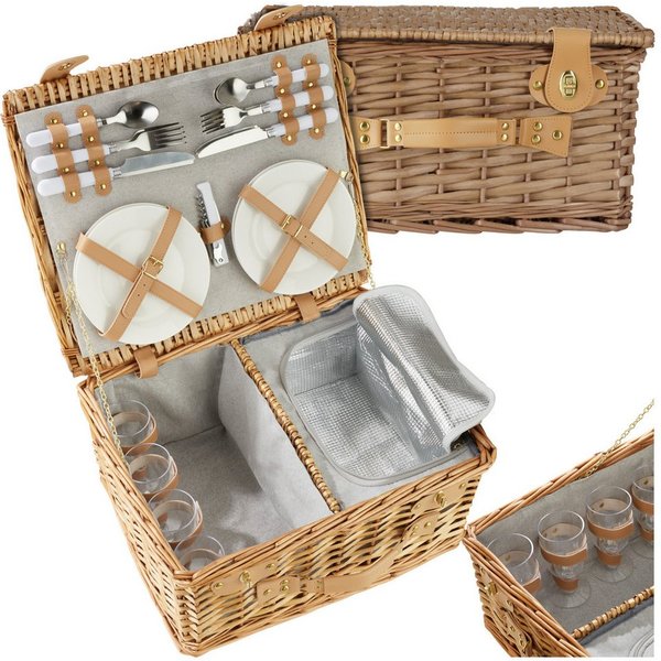 tectake Picknickkorb Picknickbox für 4, 45 x 37 x 21 cm, Kühlfach, geflochtene Weide (Picknickkoffer Föhr, in braun), 20-tlg. Geschirrset, Kellnermesser, Drehve