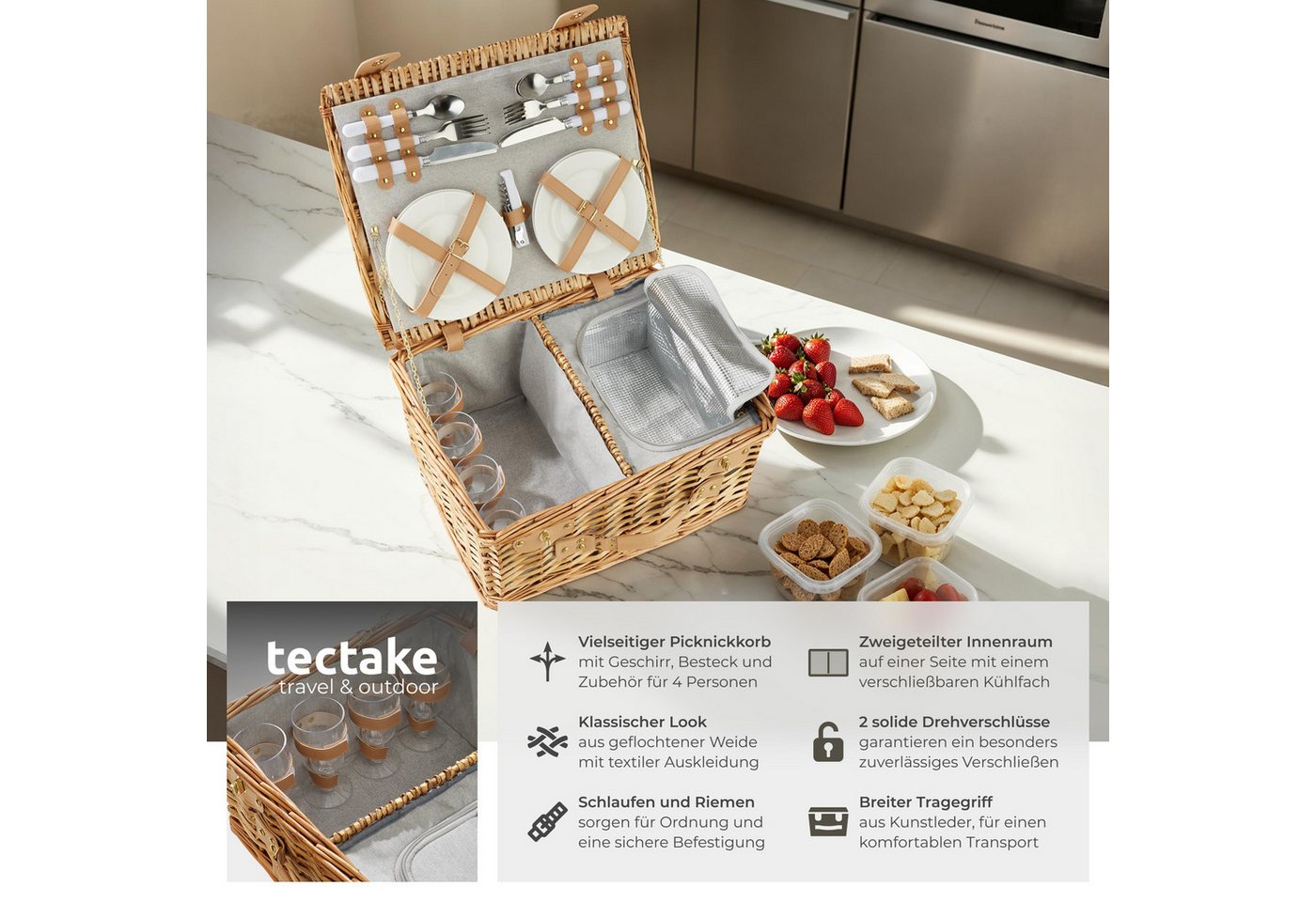 tectake Picknickkorb Picknickbox für 4, 45 x 37 x 21 cm, Kühlfach, geflochtene Weide (Picknickkoffer Föhr, in braun), 20-tlg. Geschirrset, Kellnermesser, Drehve – Bild 2 von 5