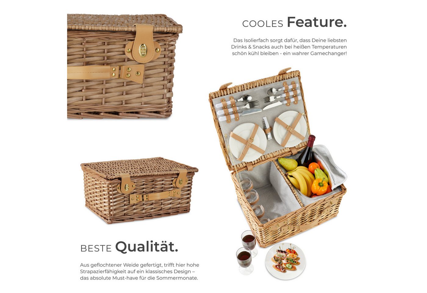 tectake Picknickkorb Picknickbox für 4, 45 x 37 x 21 cm, Kühlfach, geflochtene Weide (Picknickkoffer Föhr, in braun), 20-tlg. Geschirrset, Kellnermesser, Drehve – Bild 3 von 5