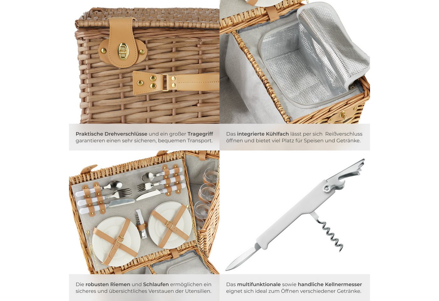 tectake Picknickkorb Picknickbox für 4, 45 x 37 x 21 cm, Kühlfach, geflochtene Weide (Picknickkoffer Föhr, in braun), 20-tlg. Geschirrset, Kellnermesser, Drehve – Bild 5 von 5