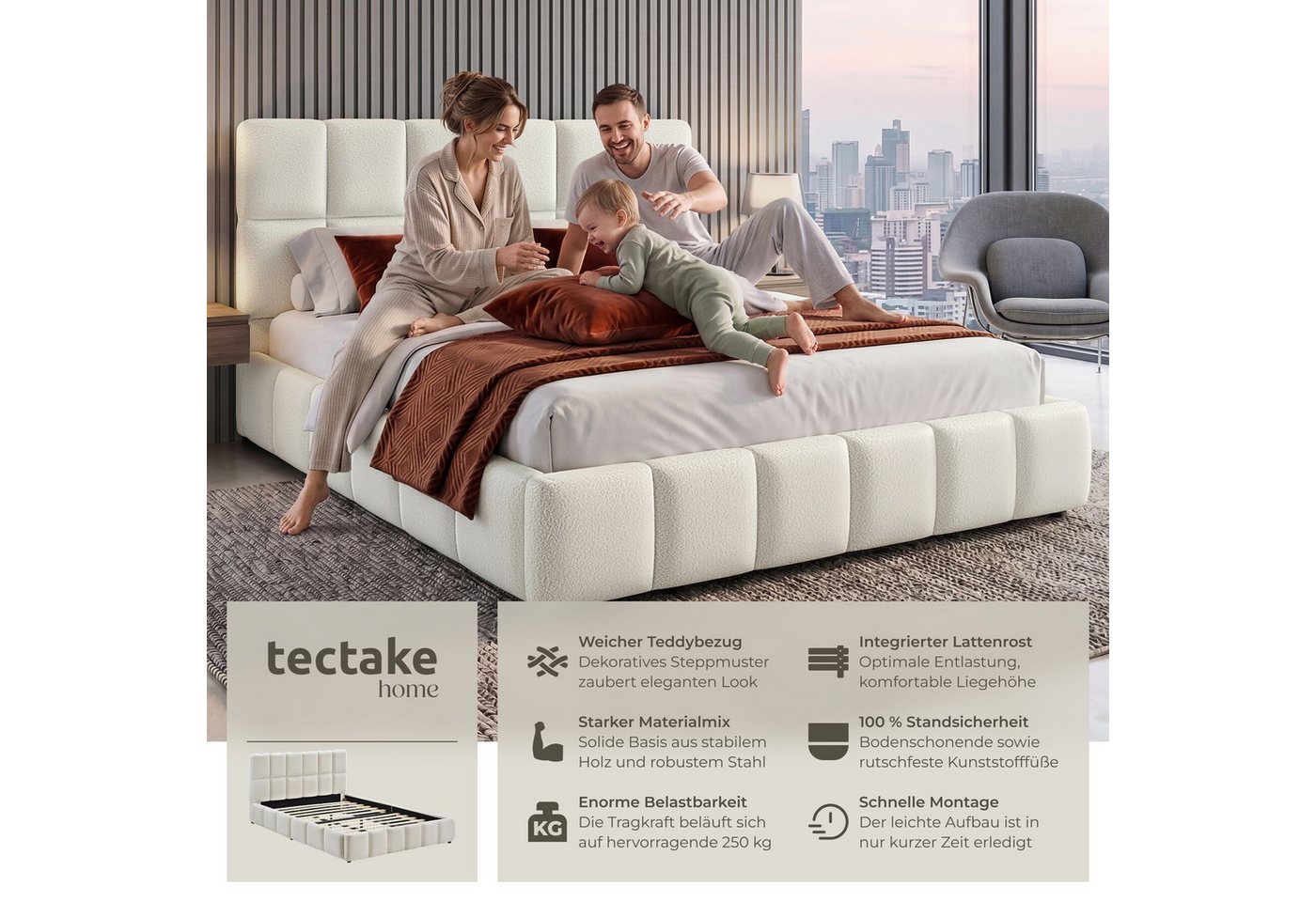 tectake Polsterbett Bettgestell mit Stahlgestell, Belastbarkeit 250 kg, pflegeleicht (Doppelbett Shirley, mit Steppmuster in Teddy creme), bodenschonende Kunsts – Bild 2 von 5