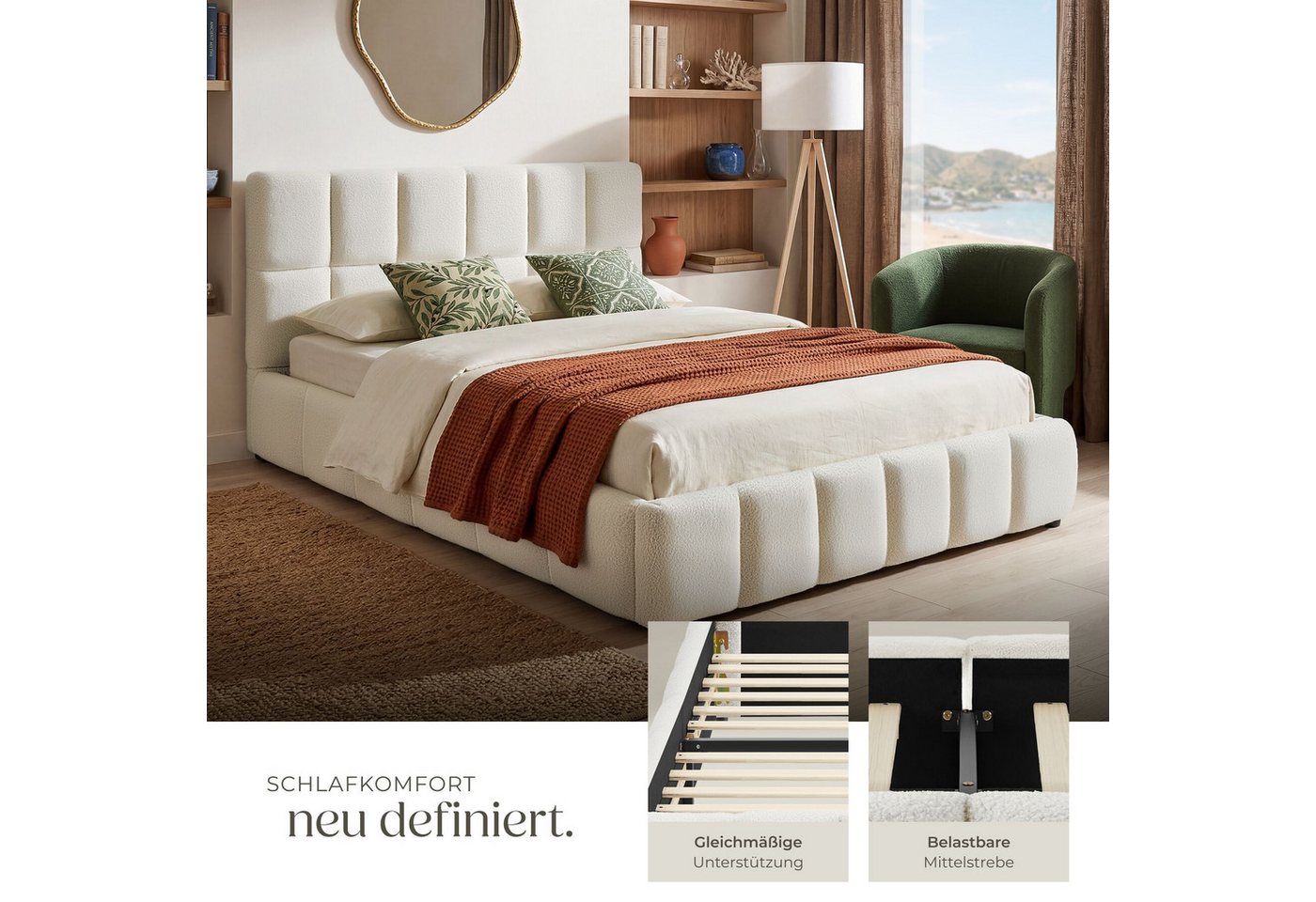 tectake Polsterbett Bettgestell mit Stahlgestell, Belastbarkeit 250 kg, pflegeleicht (Doppelbett Shirley, mit Steppmuster in Teddy creme), bodenschonende Kunsts – Bild 3 von 5