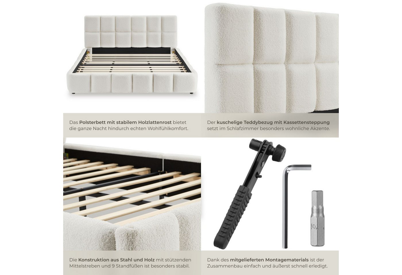 tectake Polsterbett Bettgestell mit Stahlgestell, Belastbarkeit 250 kg, pflegeleicht (Doppelbett Shirley, mit Steppmuster in Teddy creme), bodenschonende Kunsts – Bild 5 von 5