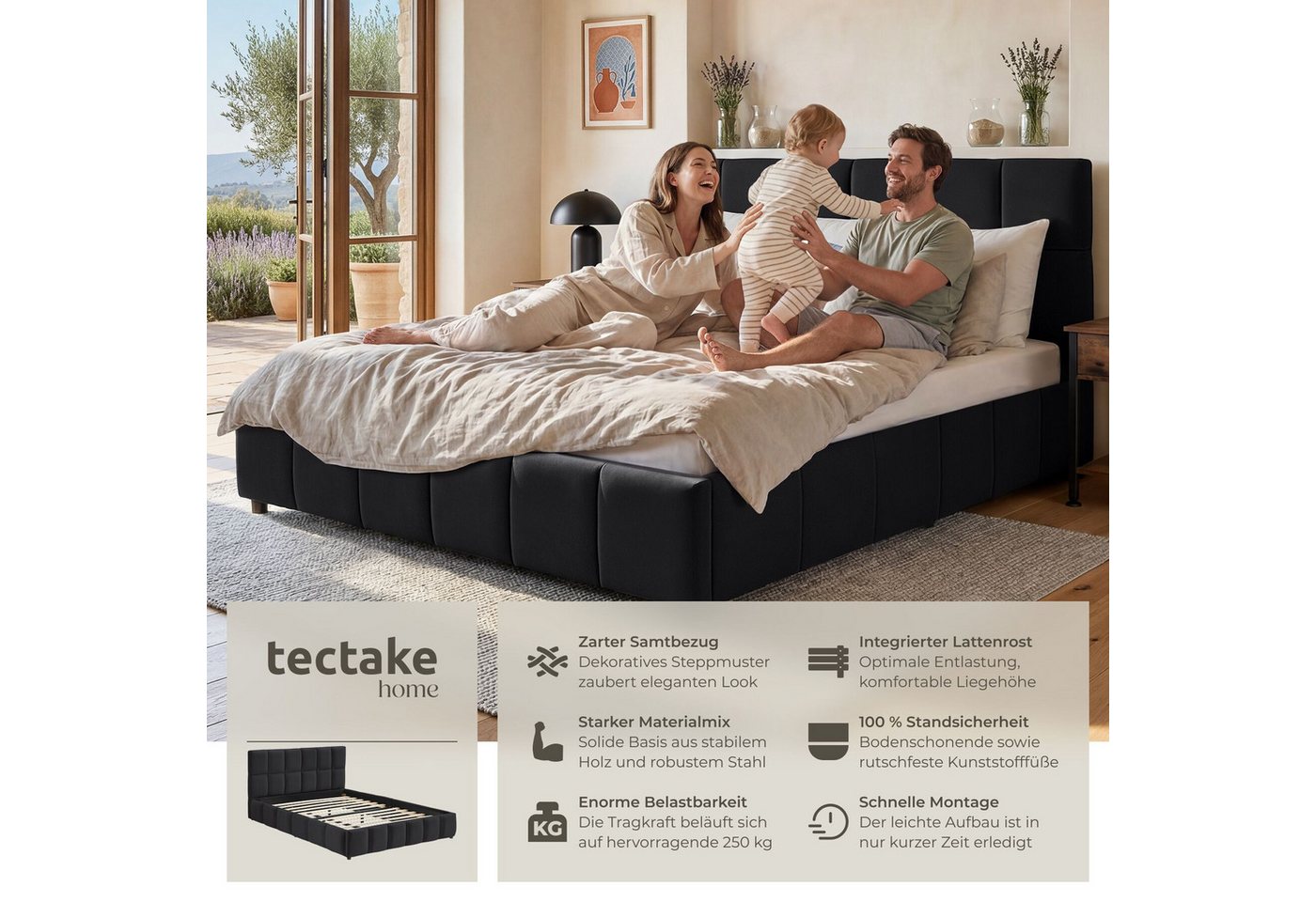 tectake Polsterbett Bettgestell mit Stahlgestell, Belastbarkeit 250 kg, pflegeleicht (Doppelbett Shirley, mit Steppmuster in Samtoptik schwarz), bodenschonende  – Bild 2 von 5