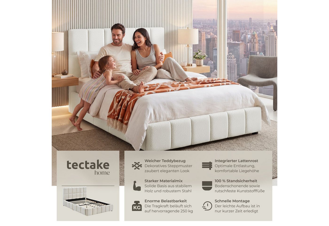 tectake Polsterbett Bettgestell mit Stahlgestell, Belastbarkeit 250 kg, pflegeleicht (Doppelbett Shirley, mit Steppmuster in Teddy creme), bodenschonende Kunsts – Bild 2 von 5