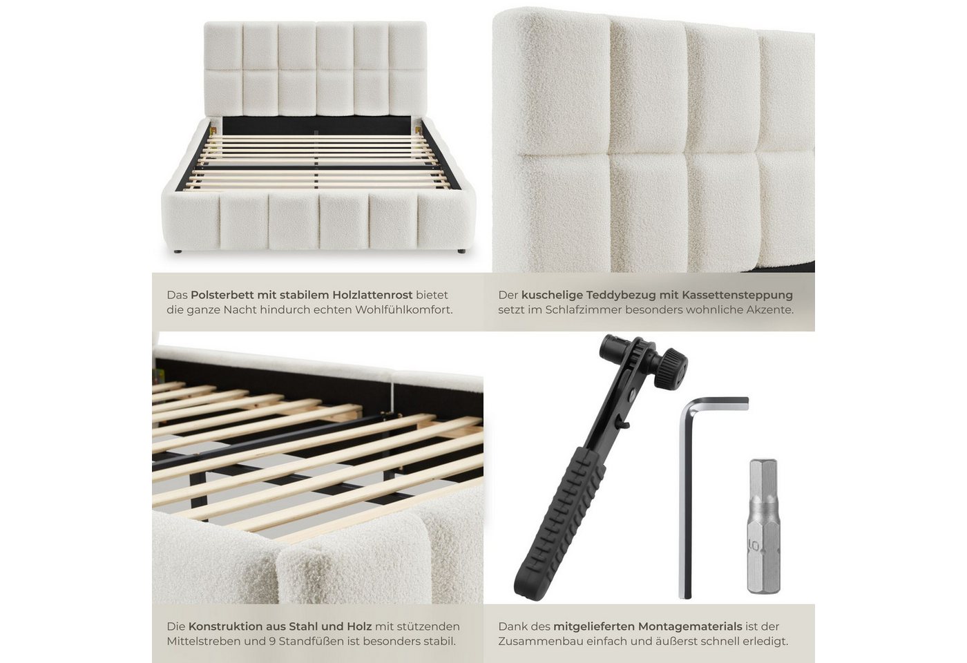 tectake Polsterbett Bettgestell mit Stahlgestell, Belastbarkeit 250 kg, pflegeleicht (Doppelbett Shirley, mit Steppmuster in Teddy creme), bodenschonende Kunsts – Bild 5 von 5