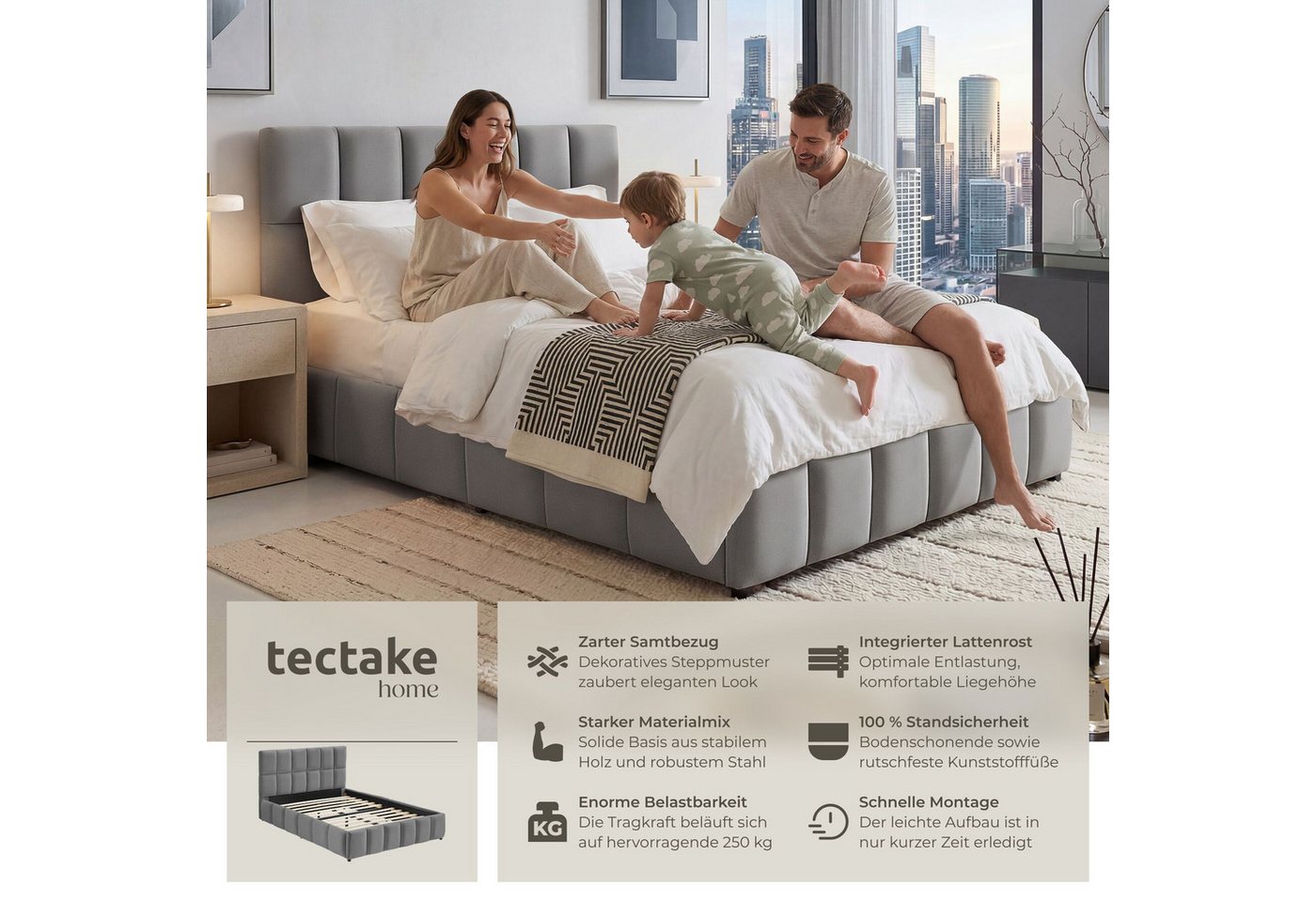 tectake Polsterbett Bettgestell mit Stahlgestell, Belastbarkeit 250 kg, pflegeleicht (Doppelbett Shirley, mit Steppmuster in Samtoptik dunkelgrau), bodenschonen – Bild 2 von 5