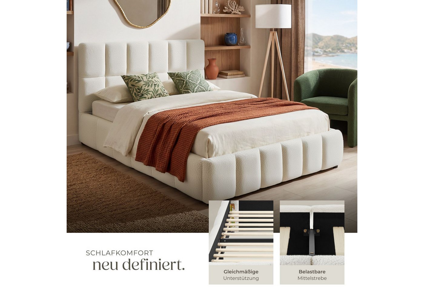 tectake Polsterbett Bettgestell mit Stahlgestell, Belastbarkeit 250 kg, pflegeleicht (Doppelbett Shirley, mit Steppmuster in Teddy creme), bodenschonende Kunsts – Bild 3 von 5