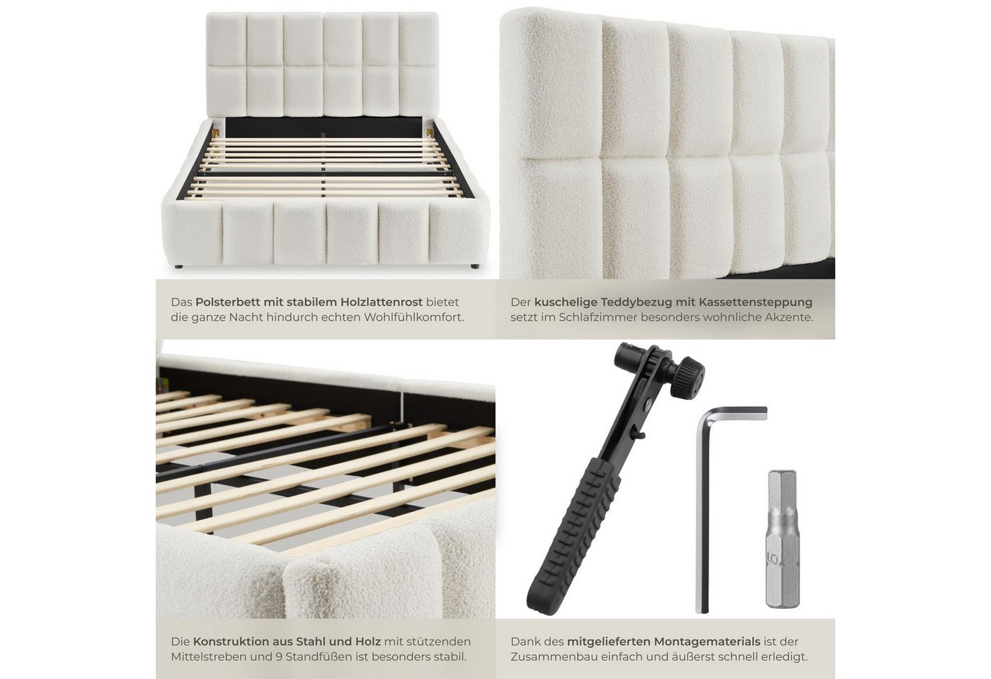 tectake Polsterbett Bettgestell mit Stahlgestell, Belastbarkeit 250 kg, pflegeleicht (Doppelbett Shirley, mit Steppmuster in Teddy creme), bodenschonende Kunsts – Bild 5 von 5